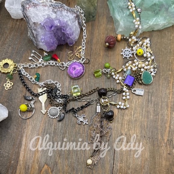 Green jade and Peridot and silver statement layered multi charms necklace - Picture 15 of 15